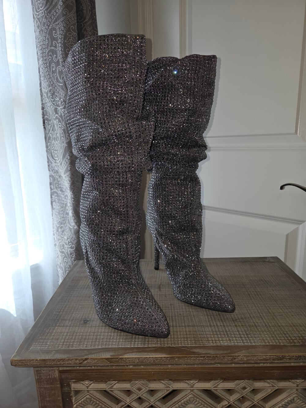Jessica Simpson Pewter Rhinestone Stiletto Slouchy Boots Size 11 M